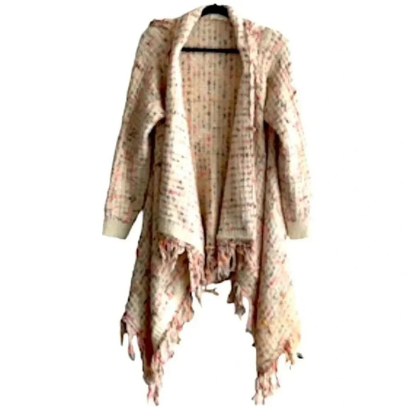 Ruby Jayne fringed draped cardigan, cream w/ tan coral accents. Oversized fit - Picture 1 of 9